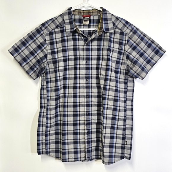 The North Face Men's Gray Blue Plaid Large Short Sleeve Casual Buttondown Shirt - Picture 1 of 10